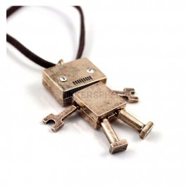 Bronze Robot Necklace with Gem Eyes & PU Leather Chain Bronze Robot Necklace with Gem Eyes & PU Leather Chain