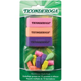 Ticonderoga 15ct Eraser Pack. Pencil Toppers and 3 Large Erasers Neon