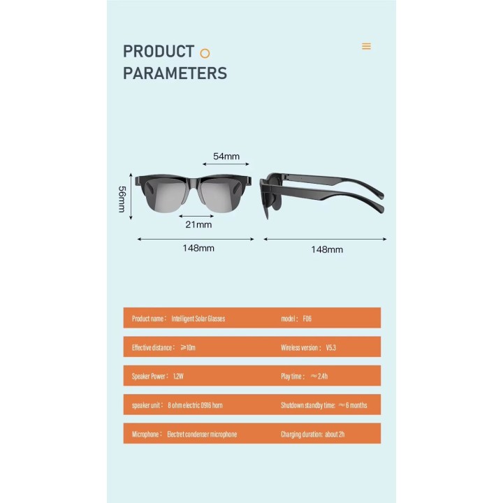 Bluetooth Smart Sunglasses with Touch Sensor Button and Built-In Speakers Microphone