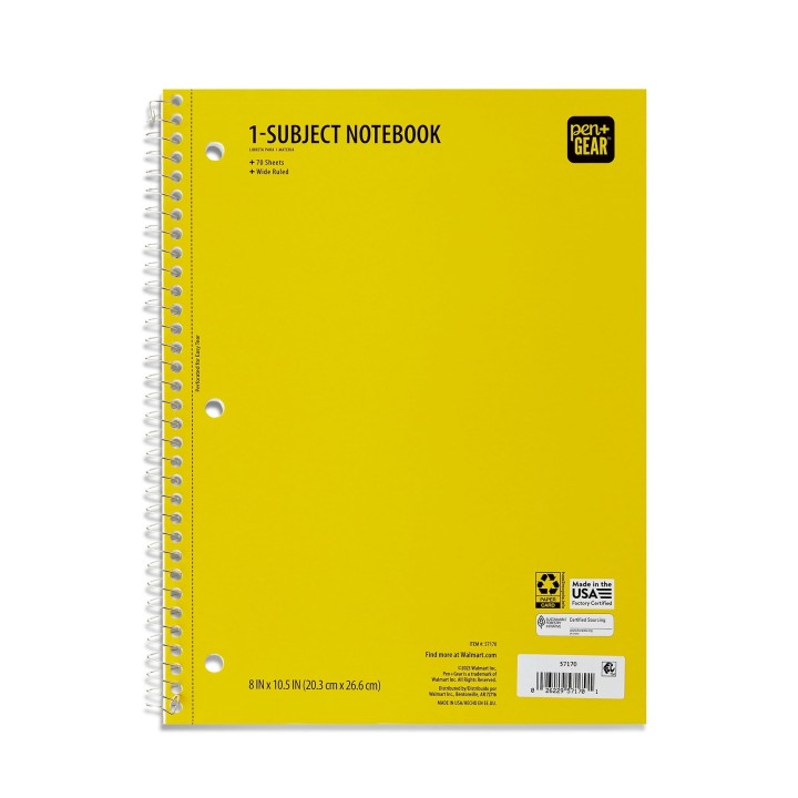 Pen+Gear 1 Subject Spiral Notebook Yellow Wide Ruled 70 Sheet