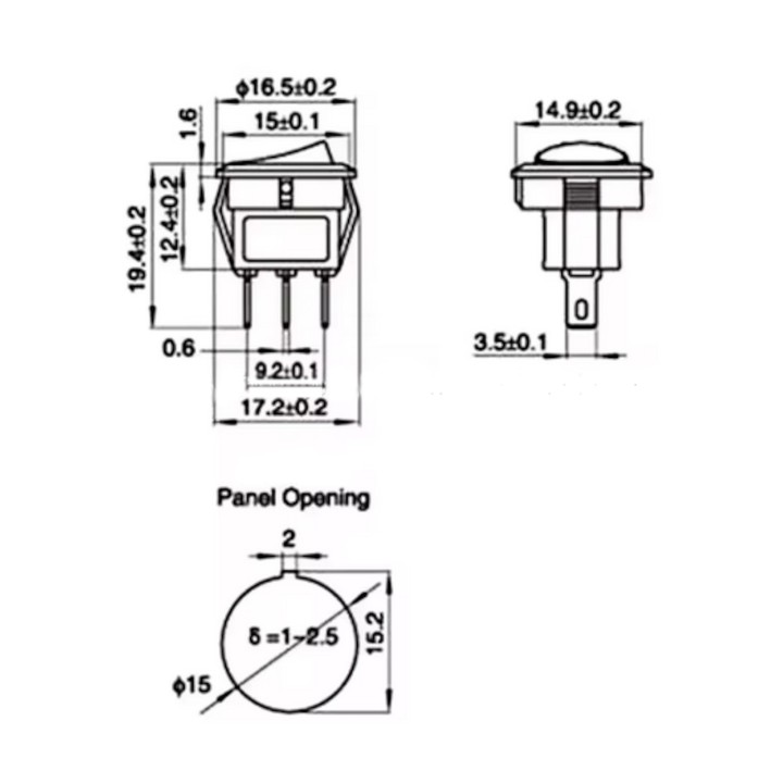 16mm Round Rocker Switch SPDT 3 Pin