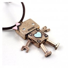 Bronze Robot Necklace with Gem Eyes & PU Leather Chain Bronze Robot Necklace with Gem Eyes & PU Leather Chain