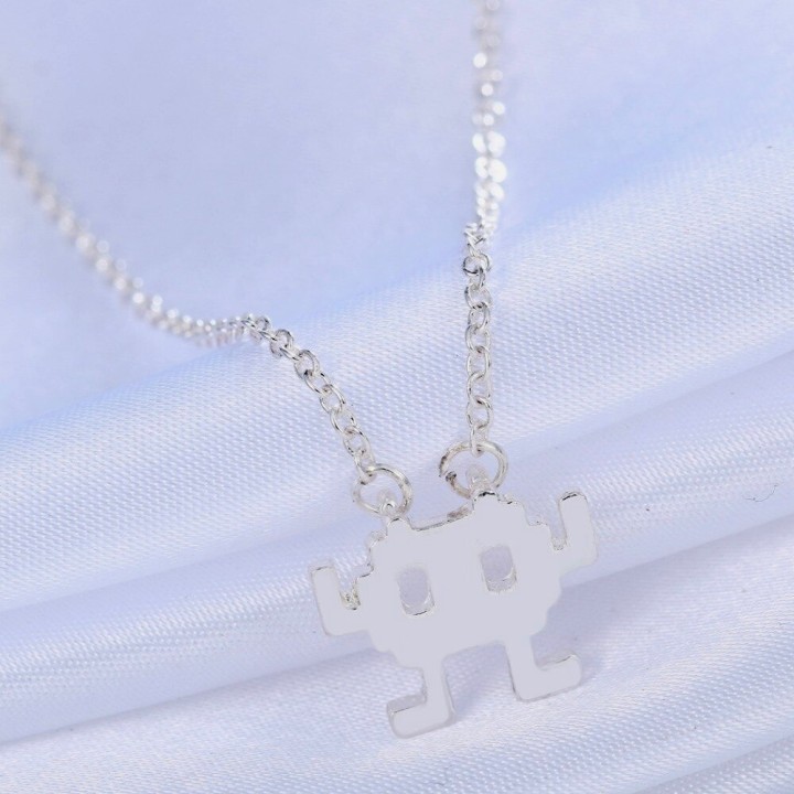 Silver Plated Space Invader Robot Necklace